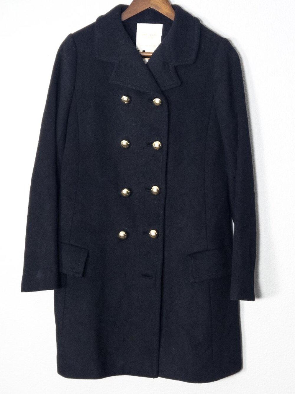 Kate Spade Black Wool Coat Size 6 Double Breasted Gold Button Classic